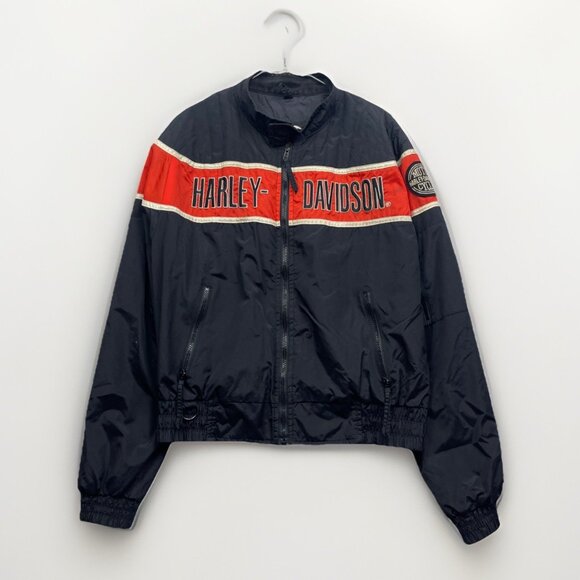 VTG Harley Davidson Racing Team Nylon Jacket Bomber Black/Orange Mens L USA MADE - Picture 1 of 16